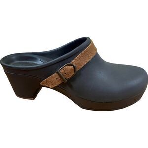 Crocs Sarah Clog Heel Dual Mules Woman’s Sz 8 Espresso Brown Suede Leather Strap